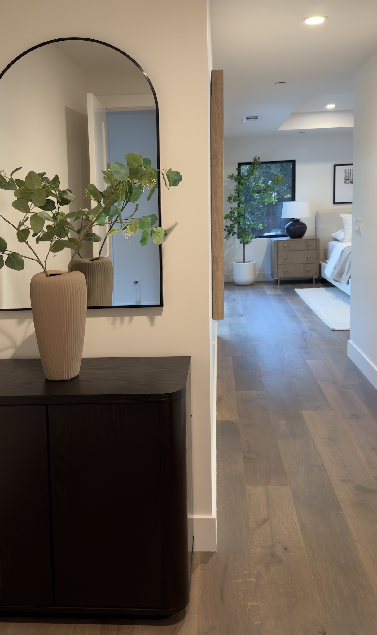 Hallway with arched mirror, black console and olive tree